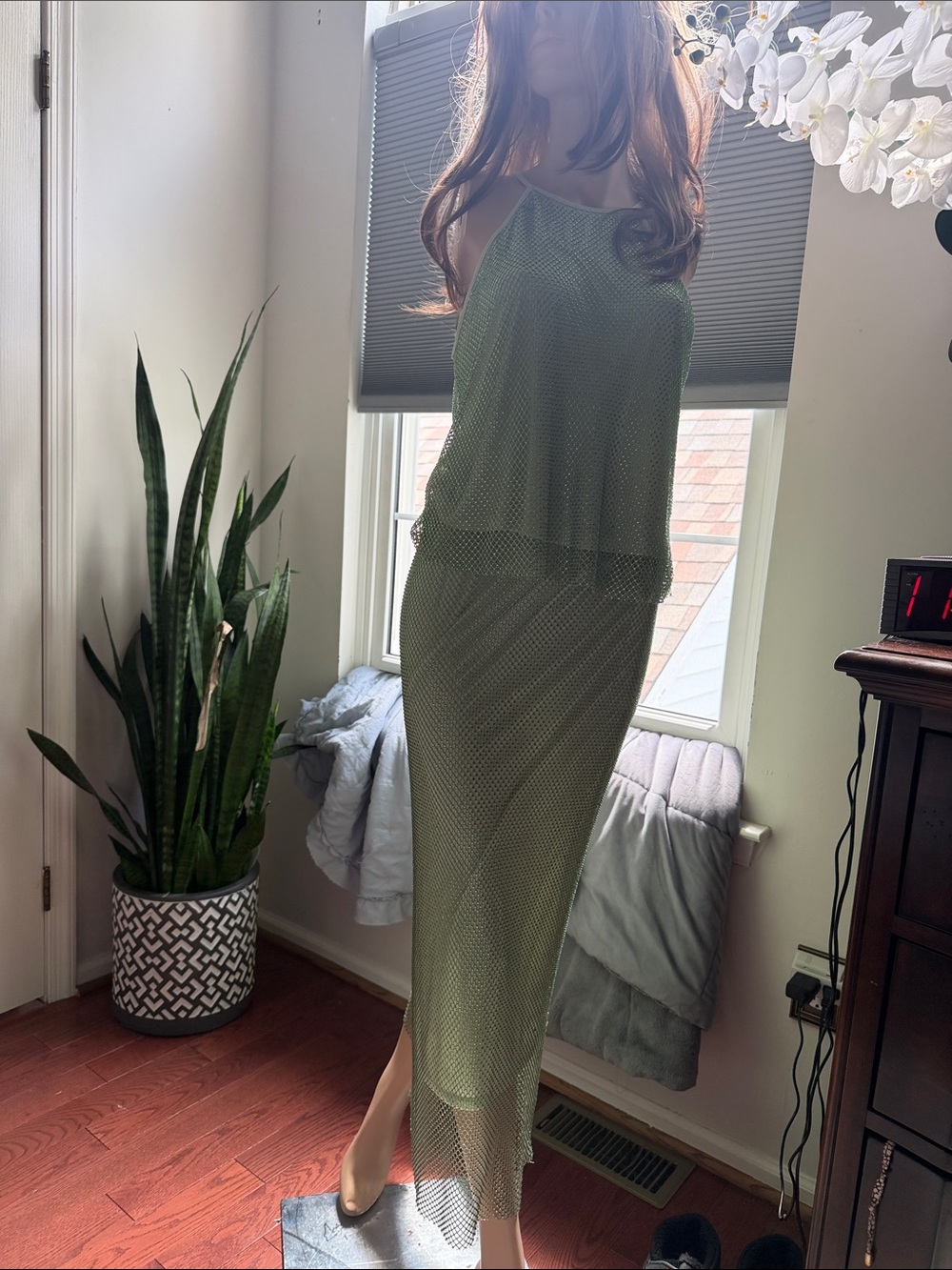 Wayf Olive Green Layered Mesh Maxi Skirt